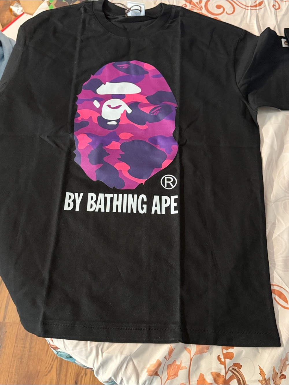 BY BATHING APE Black Short-Sleeve Tee with Purple Camo Ape Logo